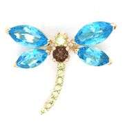 14kt Yellow gold marquise blue topaz, peridot and smokey quartz butterfly brooch pendant