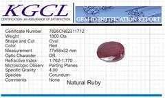 Magnificent Certified Museum Size 1800 Ct Natural Red Ruby Solitaire