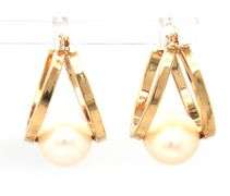 Sweet 14K YG Double Hoop Earrings with Pearls