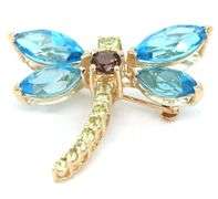 14kt Yellow gold marquise blue topaz, peridot and smokey quartz butterfly brooch pendant