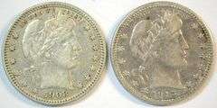 Pair of sharp Barber Quarters: 1908-D in XF & 1915-D in VF