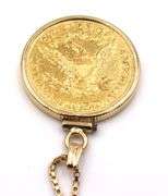 1907 $5 gold coin in frame pendant on box chain necklace