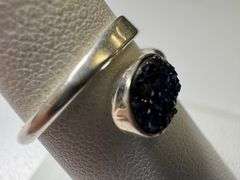 Sterling Silver 925 Titanium Coated Druzy Agate Crystal Stone Ring Adjustable Spoon Band