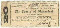 1863 County of Shenandoah, Virginia 20 Cents Obsolete Note