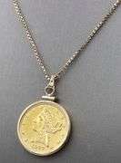 1907 $5 gold coin in frame pendant on box chain necklace