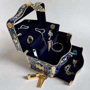 Blue and Gold Velvet Lined Trinket Metal Jewelry Chest