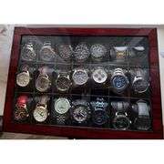 21 Slot Lockable Wooden Watch Display Case with Glass Lid