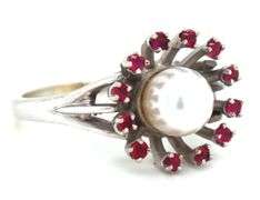 Unusual 14K WG Ring with Pearl and Rubies