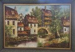 Investment! Antique European 20th Century Dutch Oil Painting Town near the River with Houses