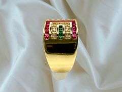 Sharp Deatiled 14 Kt Yellow Gold Plate 1.5 Ctw Simulated ,Ruby, Diamond,Emerald and Sapphire Ring