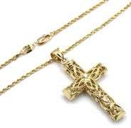 14kt Yellow gold diamond cut open art cross pendant on rope chain necklace