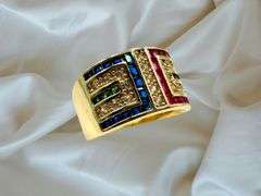 Sharp Deatiled 14 Kt Yellow Gold Plate 1.5 Ctw Simulated ,Ruby, Diamond,Emerald and Sapphire Ring