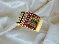 Sharp Deatiled 14 Kt Yellow Gold Plate 1.5 Ctw Simulated ,Ruby, Diamond,Emerald and Sapphire Ring