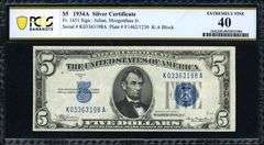 1934A $5 Silver Certificate, Julian–Morgenthau, PCGS XF40, Fr. 1651 (KA Block)