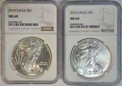 Near Perfect 2014 & 2015 $1 American Silver Eagles. NGC MS69