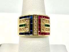 Sharp Deatiled 14 Kt Yellow Gold Plate 1.5 Ctw Simulated ,Ruby, Diamond,Emerald and Sapphire Ring