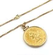 1907 $5 gold coin in frame pendant on box chain necklace