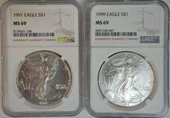 Near Flawless better 1991 & 1999 $1 Silver Eagle. NGC MS69