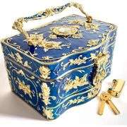 Blue and Gold Velvet Lined Trinket Metal Jewelry Chest