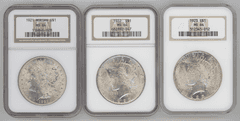 Near Gem BU 1921 Morgan & 1922 & 1923 Peace Silver Dollars. NGC MS64