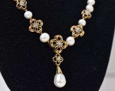 Marvelous 10k Yellow Gold Pearl Necklace with Diamond Accents