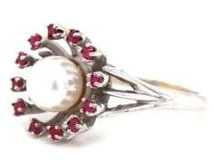 Unusual 14K WG Ring with Pearl and Rubies