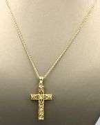 14kt Yellow gold diamond cut open art cross pendant on rope chain necklace