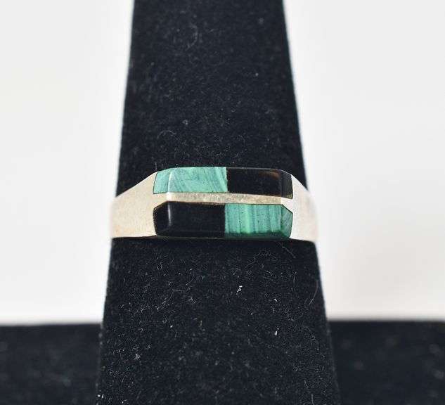 Black Onyx & Malachite Multi-Gemstone Ring In Sterling Silver