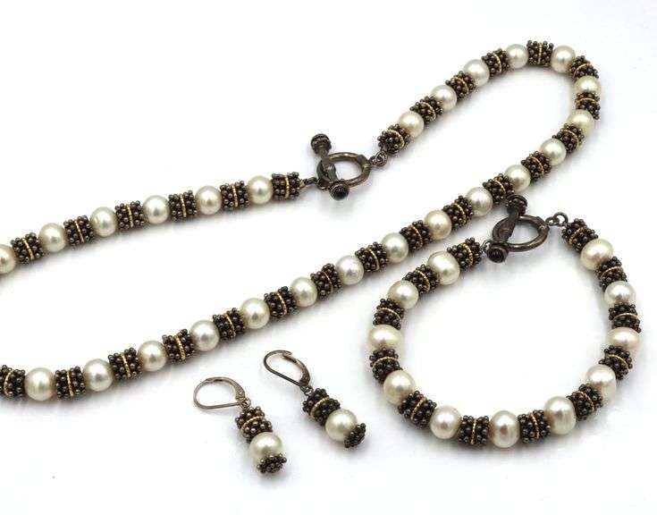 Set of Vintage 925 sterling silver pearl beaded necklace, bracelet and earrings