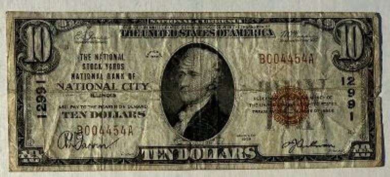 $10 Natl Stock Yards Bank of National City Illinois 1929 Series Brown Seal National Currency Note.