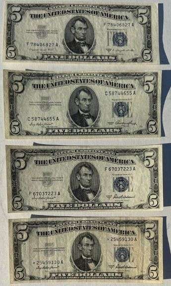 Four Various 1953 Series $5 Silver Certificates Including a Star