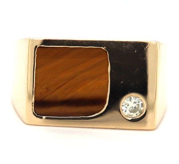 14kt Yellow gold diamond and tiger eye signet ring