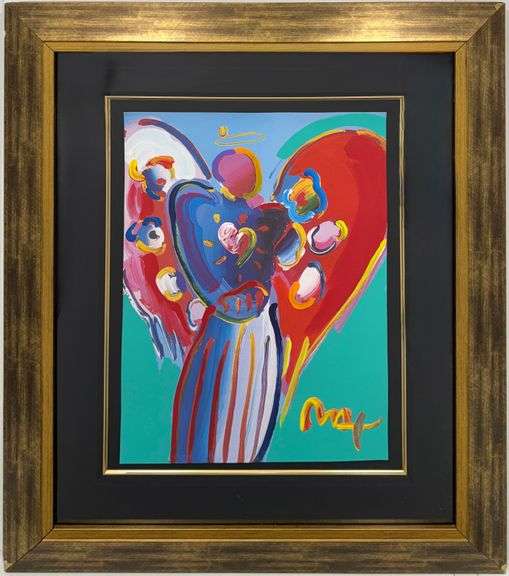 Exclusive Peter Max Original Mixed Media with Acrylic "Angel with Heart" Framed