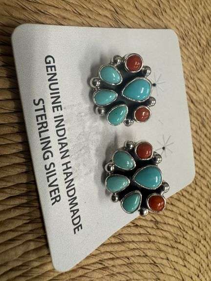 Genuine Indian Handmade Spiny Oyster Turquoise & Turquoise Earrings 925 Sterling Silver