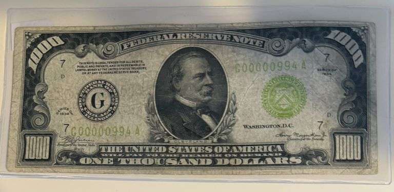 $1000 1934 Federal Reserve Note Low Serial Number