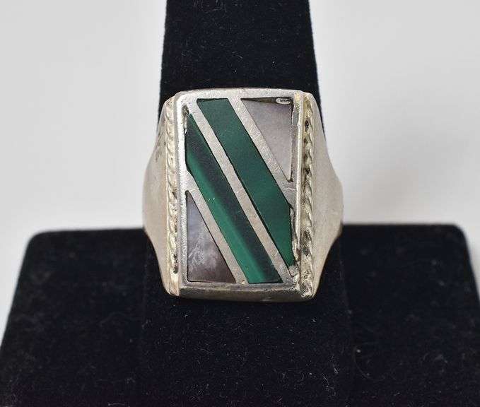 Mother Of Pearl & Malachite Multi-Gemstone Ring In Sterling Silver