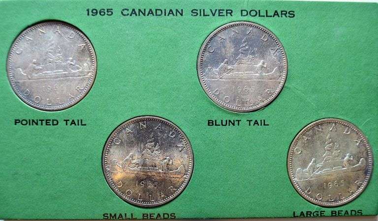 Four Different Varieties of 1965 Canada Silver Dollars