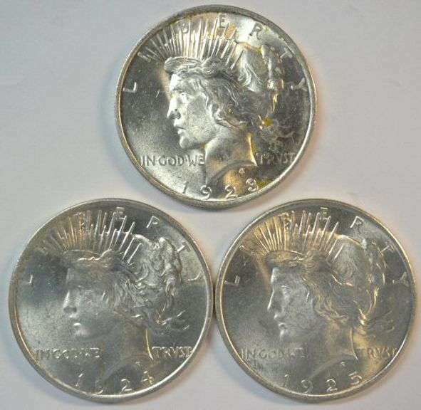 Frosty-white Choice BU 1923, 1924, & 1925 Peace Silver Dollars