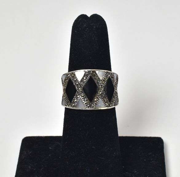 Black Onyx & Mother Of Pearl Gemstone Checkered Ring In Sterling Silver