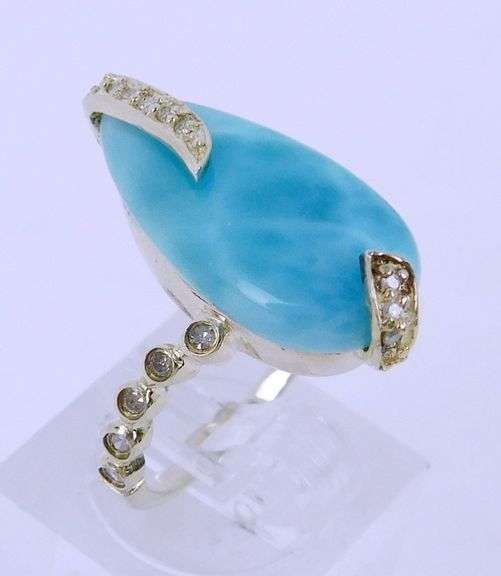 Sterling Larimar & Diamonds Ring, Size 6.5