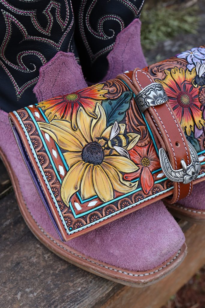 Floral leather stitching.