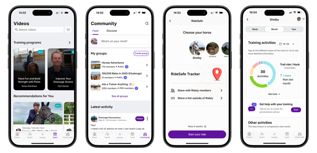 Screenshots of the Ridely interface.