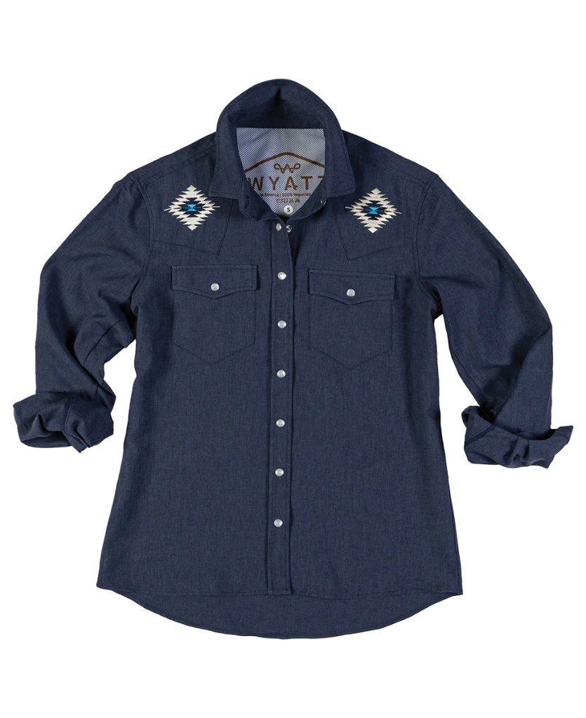 A shirt with traditional Western fashion embellishments, including pearl snaps and Western yokes.