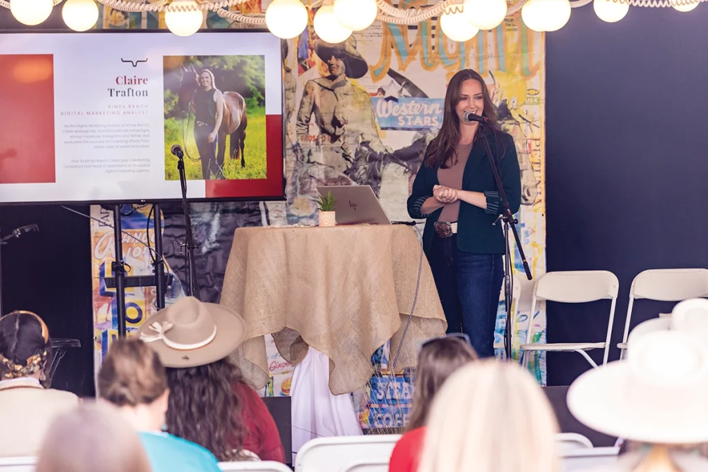 Claire from Kimes Ranch denim brand gives a talk during a Lead the Herd Workshop.