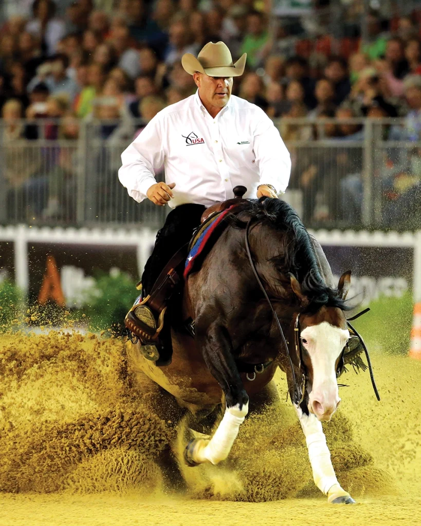 Spooks Gotta Whiz and Shawn Flarida during a gold medal-winning reining run at the World Equestrian Games.