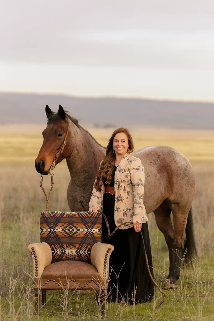 Sierra Shores with her roan horse and one of her The Rusted Roan upholstery creations.