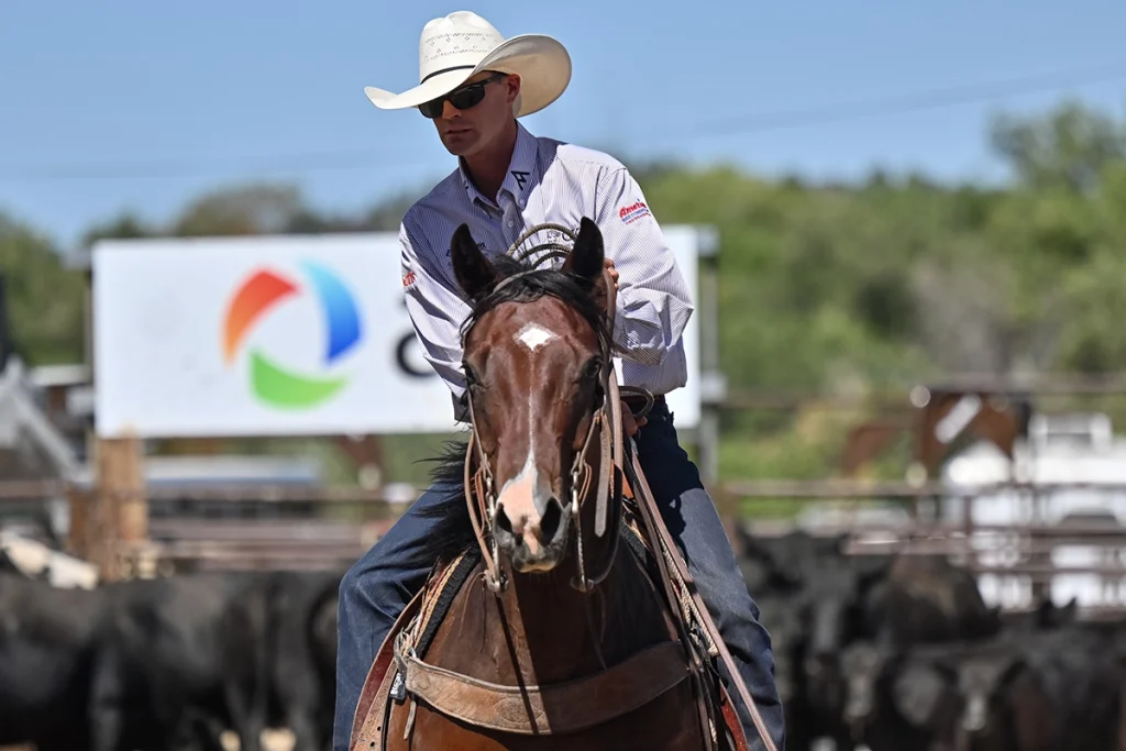 A cowboy riding a bay horse.