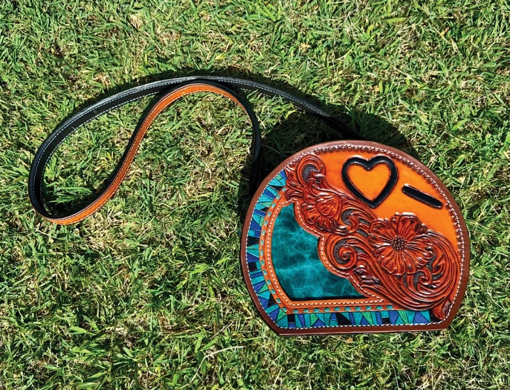 A custom leather bag from Rockabilly Filly Designs.