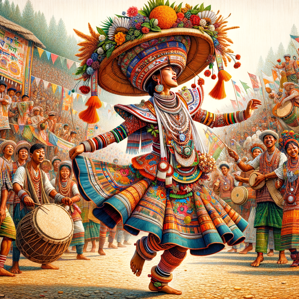 A photorealistic portrait of a Bihu dancers in Assam, India, celebrating the Bohag Bihu festival. The dancer is dressed in a colorful Bihuwan, a traditional Assamese dress, with vibrant embroidery and motifs. They wear a Jaapi, a conical hat made of straw, decorated with flowers and feathers. The dancer's posture is energetic, with one leg raised and arms outstretched in a joyful pose. The background depicts a vibrant Bihu celebration with people in traditional attire, drumming, and dancing. The portrait is filled with the warm colors of spring and the joyous energy of the festival.