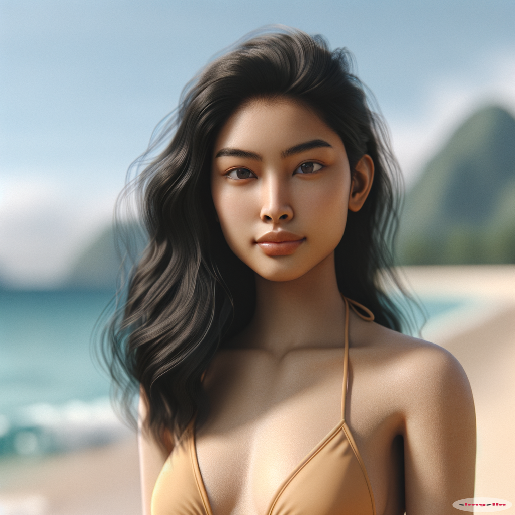 a girl in bikini on the beach realistic full body clear face 4k